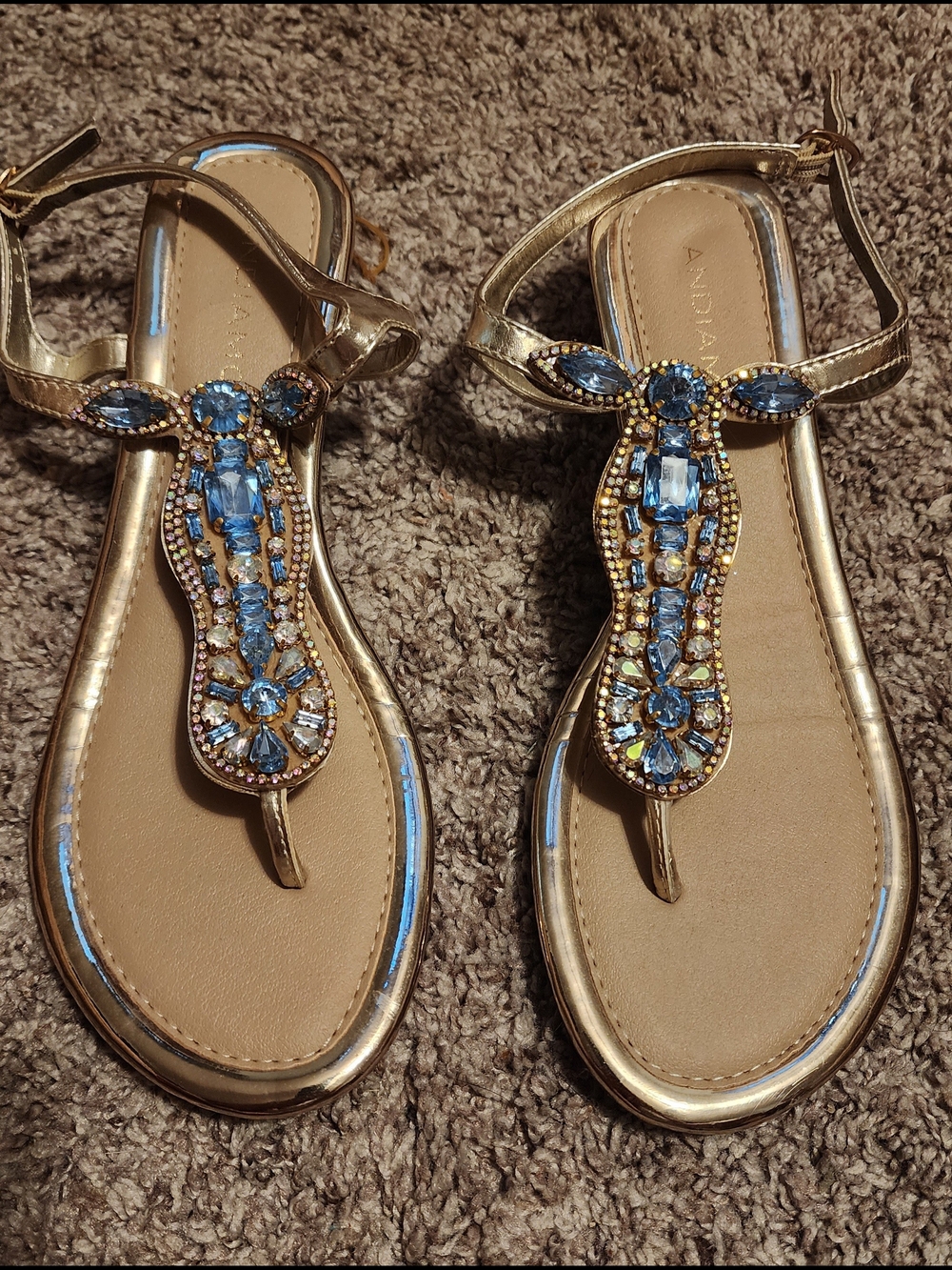Gold T-Strap Sandals with Blue Crystal Accents - Women